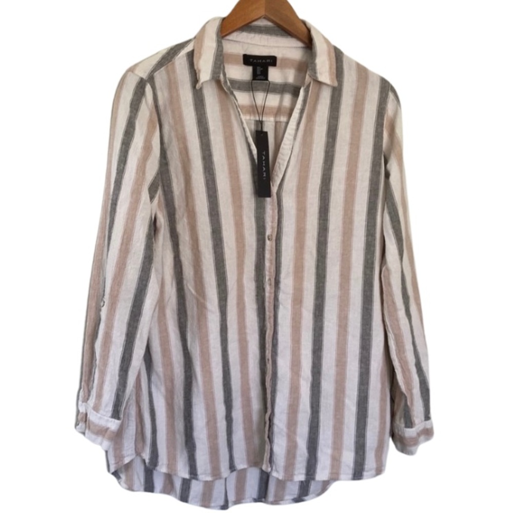 Talbots Striped Button-Front Linen Shirt - Cream, Taupe & Gray